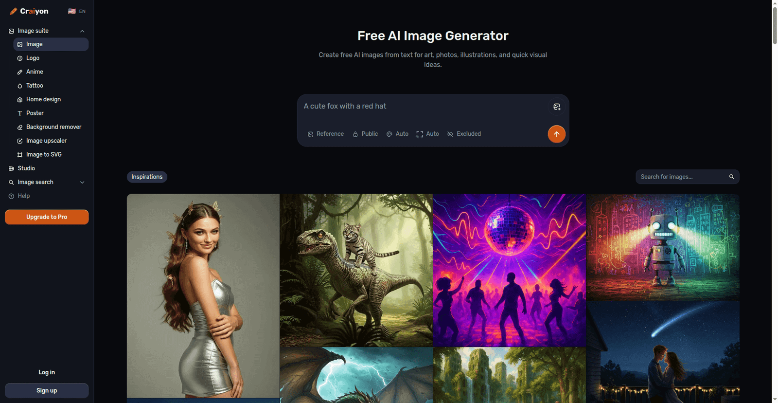 Craiyon free AI image generator homepage with prompt textbox