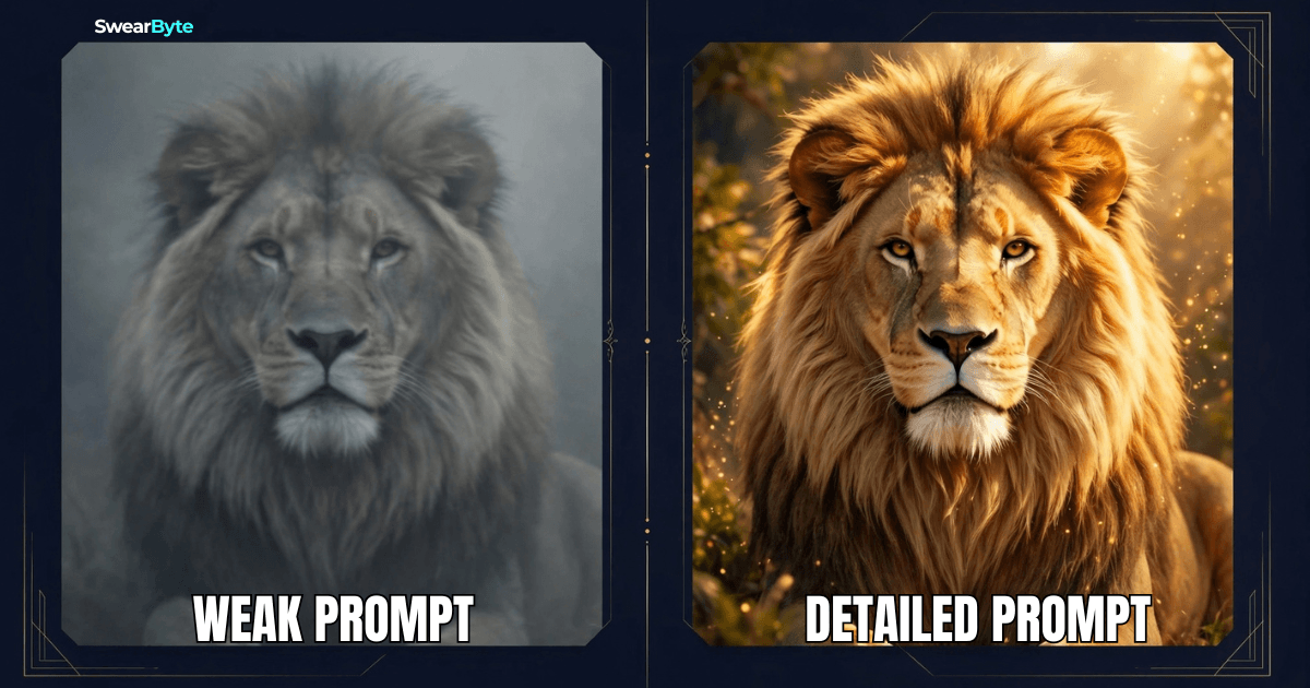 Good vs bad prompt results in AI image generator