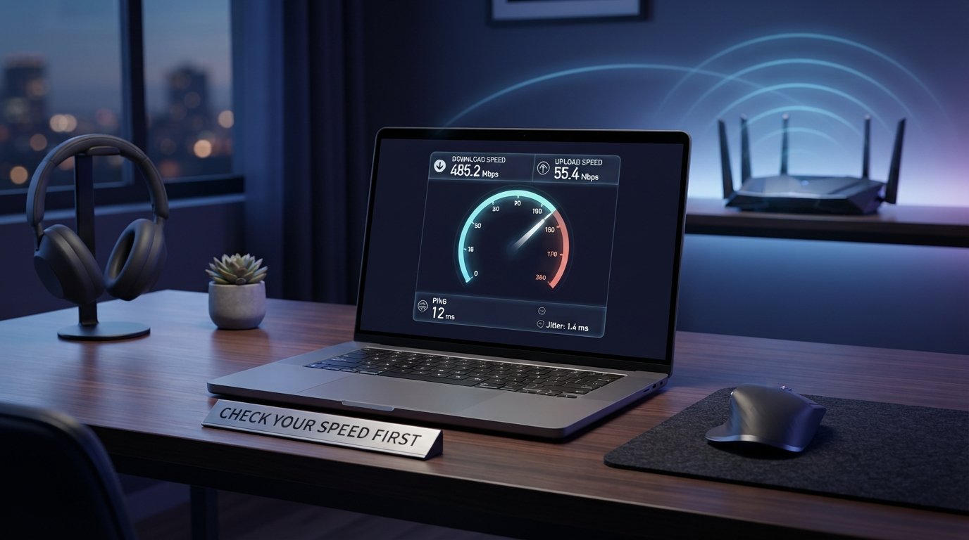 Internet speed test showing download upload speed and ping