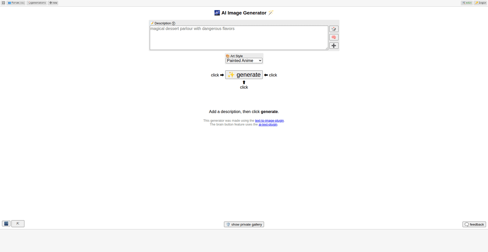 Perchance free AI image generator interface with prompt box and style options
