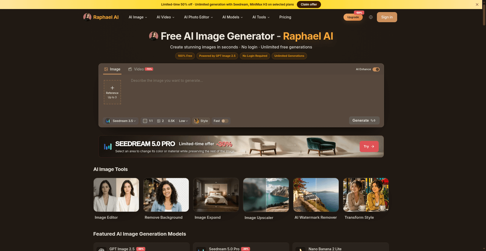 Raphael AI image generator interface with prompt box and generate button