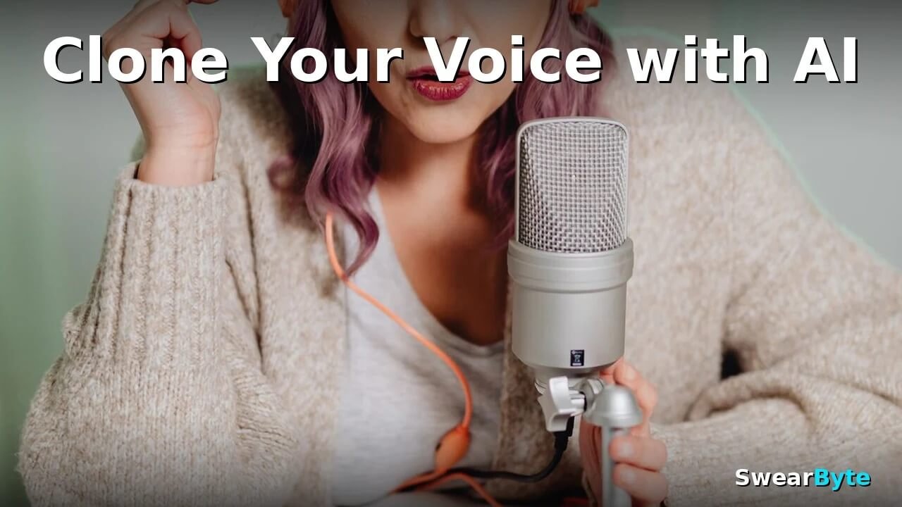 Woman recording voice into studio microphone for AI voice cloning