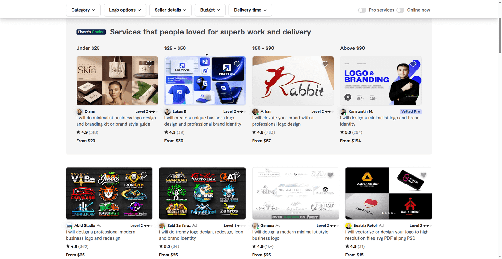 Fiverr gig listings showing logo design services with prices