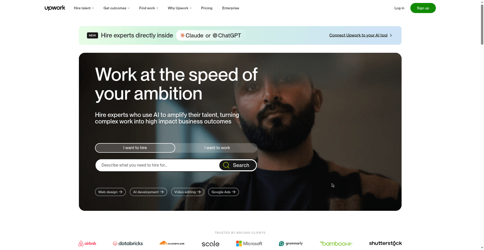 Upwork homepage showing freelance work categories