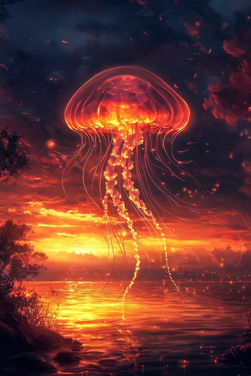 anime sunset with glowing jellyfish aesthetic phone wallpaper