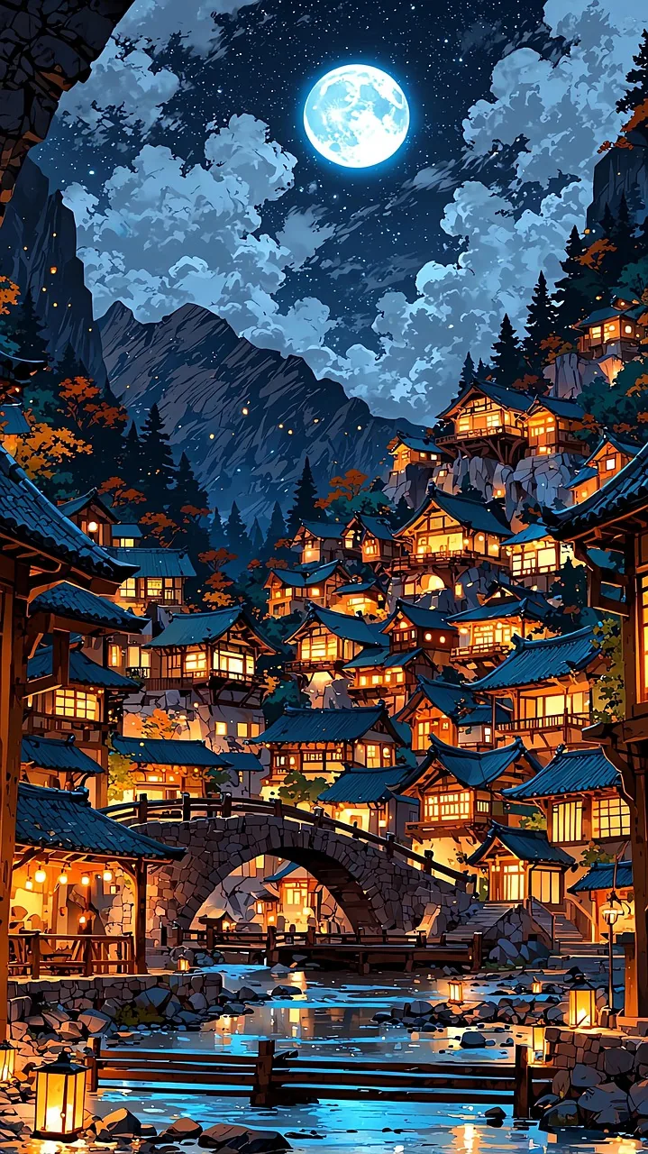 cozy anime village at night phone wallpaper aesthetic