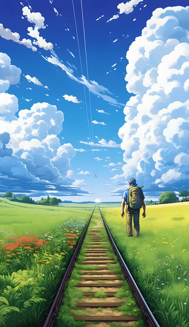 anime railway at sunset aesthetic phone wallpaper
