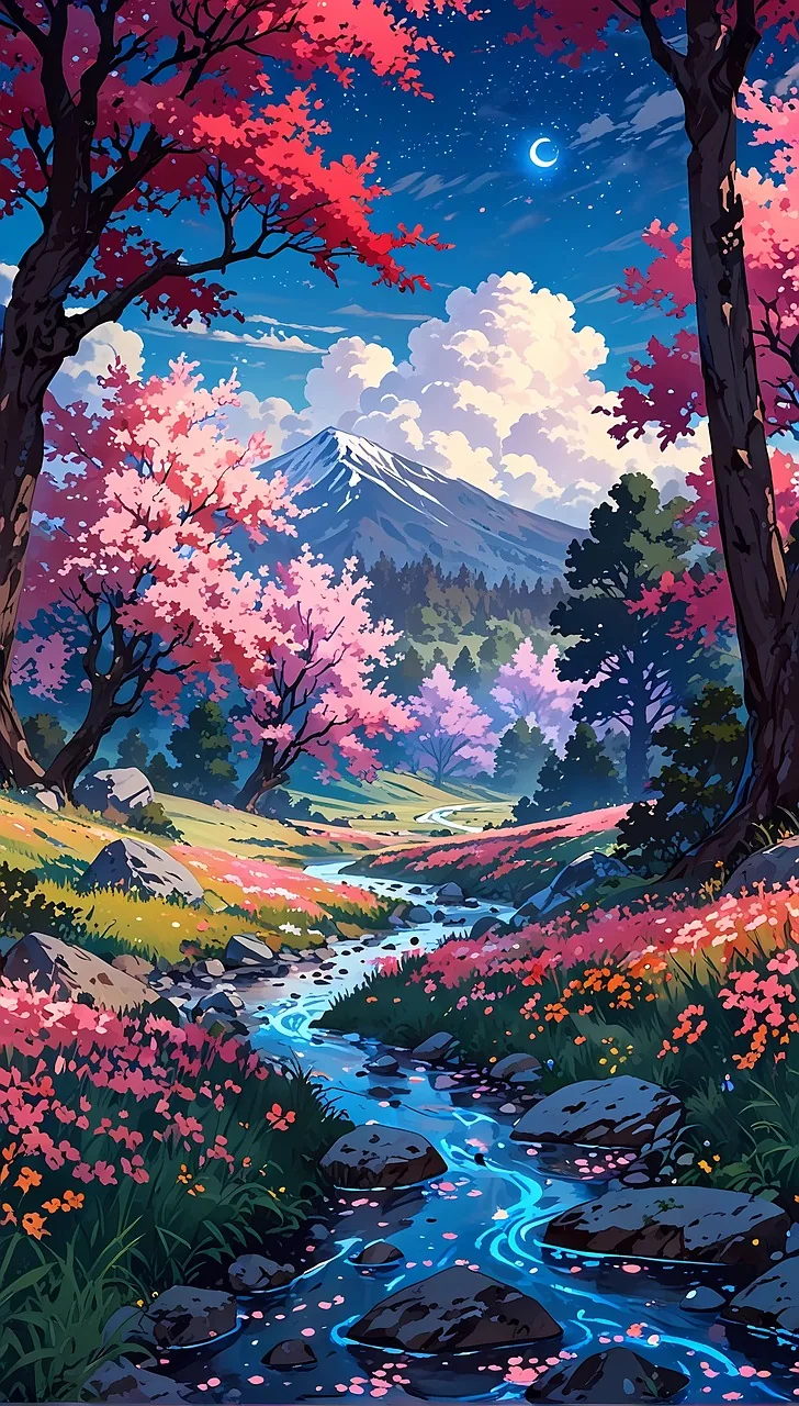 anime cherry blossoms with mountain aesthetic phone background