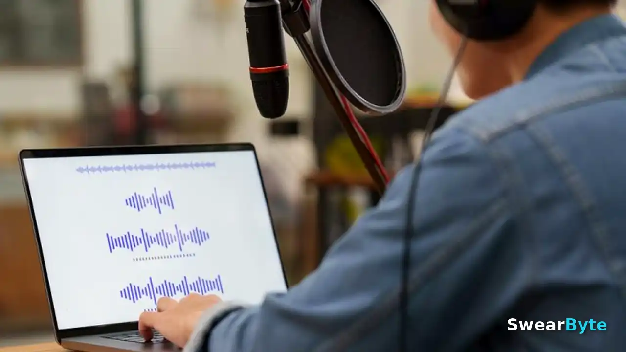 Edit AI voiceover audio waveform on laptop